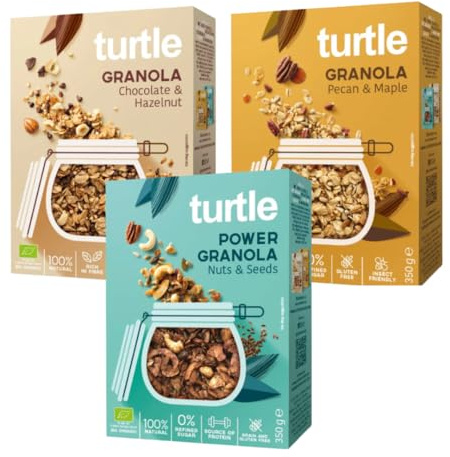Turtle Cereal – Gluten Free Granola Variety Pack 3 × 350g Boxes | Pecan & Maple, Chocolate & Hazelnut, Nuts & Seeds | Organic Vegan Gluten Free Cereal, Hand-Baked, Rich in Fibre, No Refined Sugar