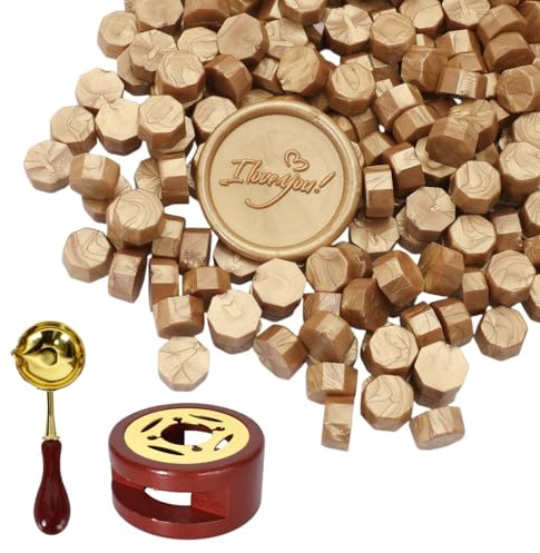 300 Perles de Cire à Sceller, Cachet de Cire avec Chauffe-Cires & Cuillère de Fusion – Kit de Sceau de Cires Octogonal pour Lettres, Enveloppes, Invitations de Mariage, Cartes, Emballages (Or Clair)