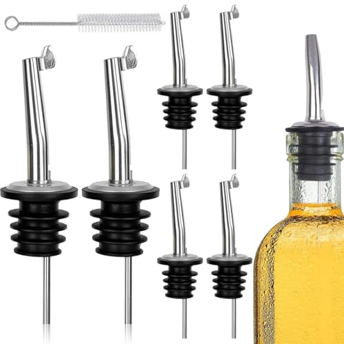 EJRUP 6 Pièce Bec Verseur Alcool Acier Inoxydable, avec Capuchons Anti-Poussière et Brosse de Nettoyage, Bec Conique,Réutilisable, Pour Bouteilles, Cocktails, Vins, Gins, Fêtes et Bars
