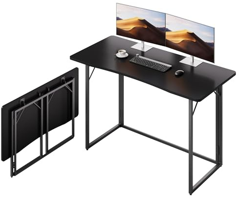 JOYMOOP 47.2 Black Folding Desk, No Assembly, Wooden Top, Large Size | Versatile Foldable Desk for Work, Study, Craft | Slim-Folding Storage | 150 lbs, Safe Corners | Metal Legs Foldable Table