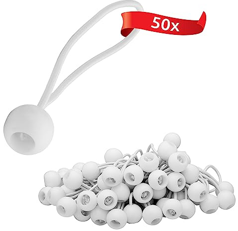 ECENCE Spanngummis mit Kugel 50 Stück, Planenspanner, Zeltgummis Weiss | robuste Expanderschlingen mit Kunststoff-Kugel zum Sichern von Planen, Pavillons 15cm