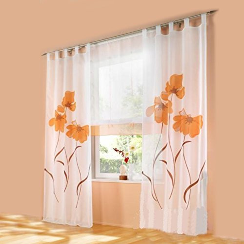HongYa 1er-Pack Voile Gardine Transparenter Vorhang Schlaufenschal mit Florales Muster H/B 145/150 cm Orange