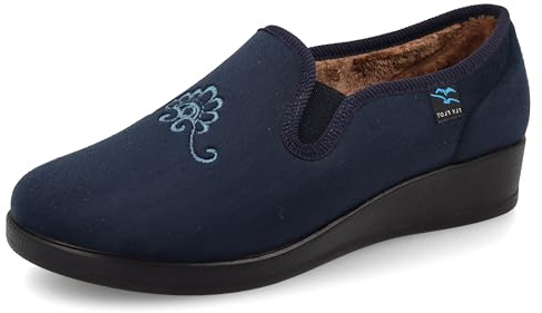 Fly Flot | Full Slipper Woman, Pantofole Donna con Fiore Ricamato, Tomaia in Morbida Microfibra e Peluche con Elastico Regolabile, Sottopiede in Microfibra Antishock, Blu, 36