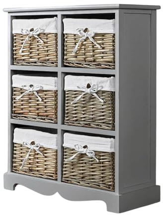 Home Source Bedroom Wooden Storage Unit, Woven Willow Wicker Baskets, 6 Drawer Wide Cabinet Chest, Grey