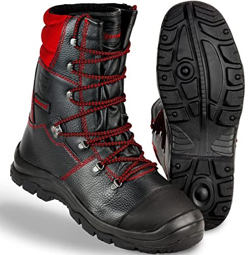 Safetytex Forst-Schnürstiefel - Forststiefel Sägeschutzklasse 1 - Kettensägen Schnittschutzstiefel - Waldarbeiterstiefel Schwarz/Rot - Leder Forst Schnürstiefel - Gr. 43