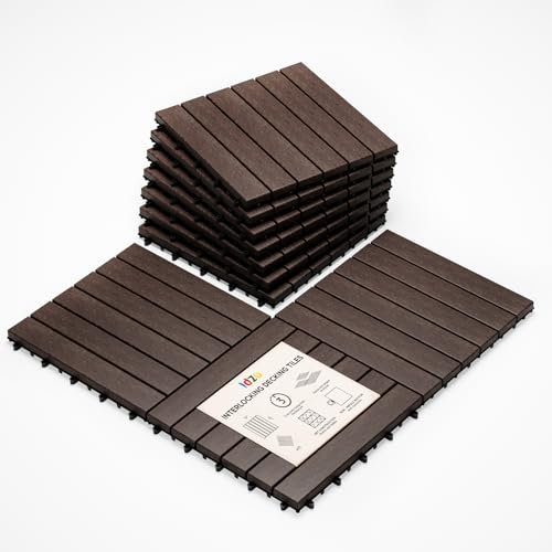 Idzo Interlocking Deck Tiles 9.6 SQFT - 10PCS Waterproof Acacia Wood Patio Tiles, Flooring Tiles for Indoor and Outdoor - Decking Stripe Pattern, 11.81 x 11.81 x 0.91 Inches, Dark Brown