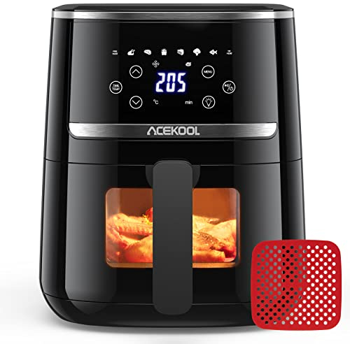 Friggitrice ad Aria 4.5 Litri, 1500W Air Fryer, Friggitrice ad Aria Calda a Risparmio Energetico Senza Rumore con 8 Programmi, Tappetino da Forno in Silicone Libero, Ricette Italiane