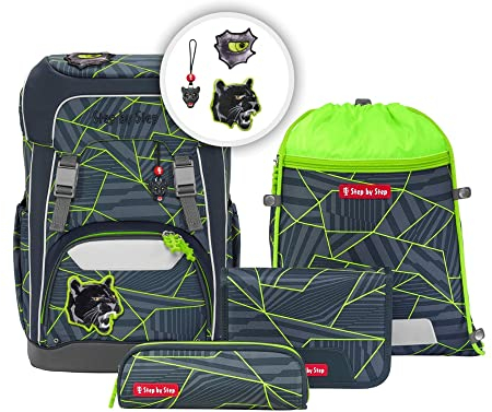 Step by Step Schulranzen-Set Giant „Dark Cat Chiko“ 5-teilig, ergonomischer Tornister, höhenverstellbar mit Hüftgurt, für die Grundschule, ab der 1. Klasse, 23L, grau-grün-schwarz, Panther-Design