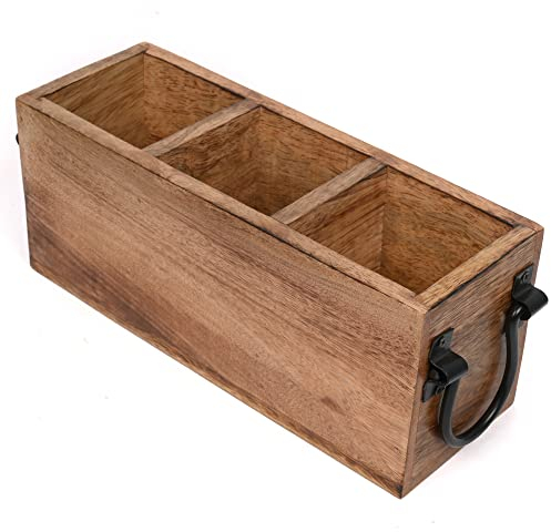 Samhita Portaposate in legno di mango, organizer per utensili da lavoro, per posate, forchette, cucchiai, spatole, 3 scomparti (28 x 10,2 x 11,4 cm)