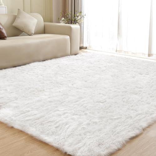 ORINOVA Teppich Weiß 240x300 cm Flauschig Wohnzimmer Kuschelteppich Fellteppich Kunstfell Weicher Schlafzimmer Bettvorleger Waschbar
