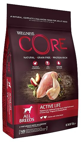 Wellness Core Active Life, hundtorrfoder för aktiva hundar, spannmålsfritt, med hög kötthalt, kalkon och kyckling, 10 kg