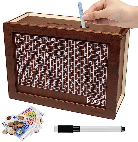 Spardose Holz, Holz Geldbank für Kinder, 2000€ Sparbox mit Zähler zum Ankreuzen, Spardose mit Sparziel und Zahlen, Spardose Kinder, Sparschwein Wiederverwendbare mit Stift für Erwachsene und Kinder