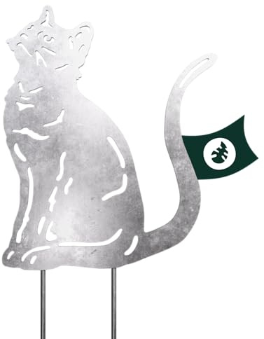 VERDOBA Katzen Gartendeko - Silberne Gartenstecker Katze - Blumenstecker in Silber - Blumentopf Katze aus stabilem Eisen mit Antikfinish - Deko für Garten, Balkon & Terrasse