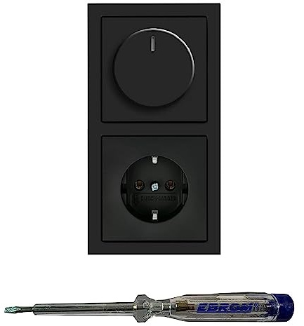 Busch Jäger 6523U-102 LED Drehdimmer Dimmer + Dimmerscheibe 6540-81-102 + Steckdose 20EUC-81 in ANTHRAZIT glänzend inklusive EBROM Phasenprüfer zur Montage der Geräte (6523 U – 102)