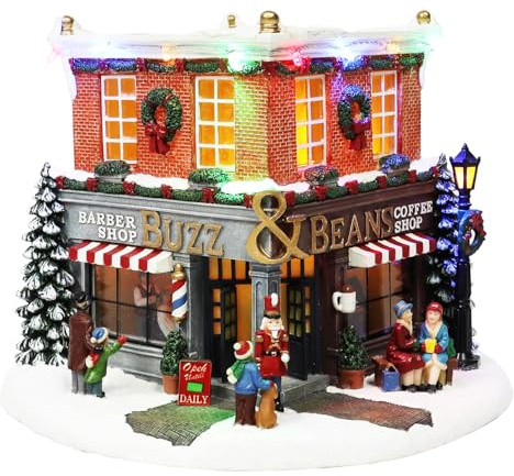 MOMENTS IN TIME 7.9”H Polyresin Christmas Village LED & Musical Barber Shop & Coffee Shop for Christmas