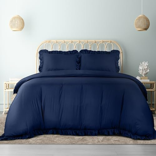 Utopia Bedding Ruffle Duvet Cover - King Size Duvet Cover Set with Pillowcases - Soft Microfibre Polyester Ruffle Bedding (Navy)