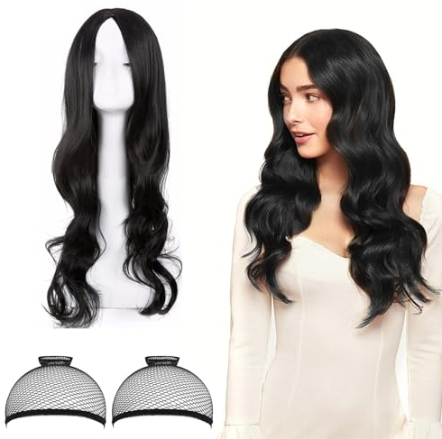 Perücke Schwarz Lang Perrücke Frauen Schwarze Perücke Damen Lang Perücken mit Haarnetz Black Wig Cosplay Perücke für Tägliche Karneval und Partys