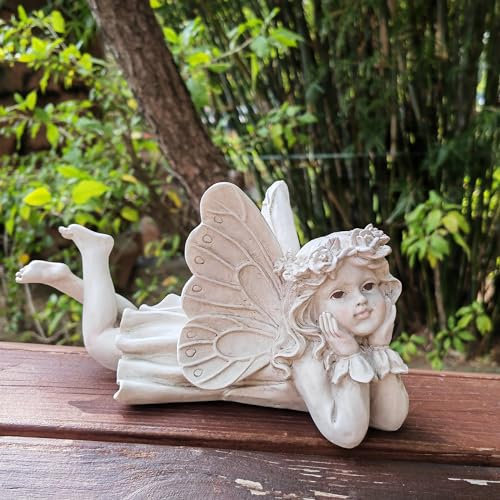 PlentifulHome Liegende Fee Gartenstatue - Harz Outdoor Fee Figur für Hof oder Terrasse, Gartenengel Dekor für draußen, skurrile Fee Ornament 25 cm L