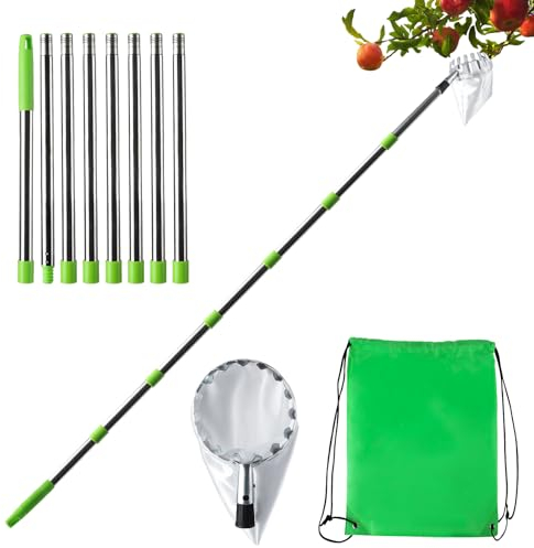 OITUGG 3,2 Meter Obstpflücker - Apfelpflücker mit Langem Stiel und Stofftaschen, 8 stück Aluminium Stangen, 40cm pro Aluminium Stange, Leicht zu montieren, Leicht zu kommissionieren, 10,5 Fuß