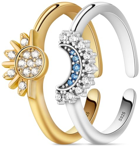 Aucuu Sonne Mond Ring Gold Silber Set, Verstellbar Matching Rings Freundschaftsringe Sonne und Mond Ring, Ringe Frauen Silber 925, Sun and Moon Set, Dupes Schmuck Geschenk für Damen Frauen