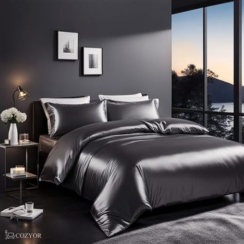 Cozyor Satin Bettwäsche 200x200 extra dick und weich mit robustem Reißverschluss 2X Kissenbezug 40x80 cm, edles Satin 3-teilig, anthrazit Nebula