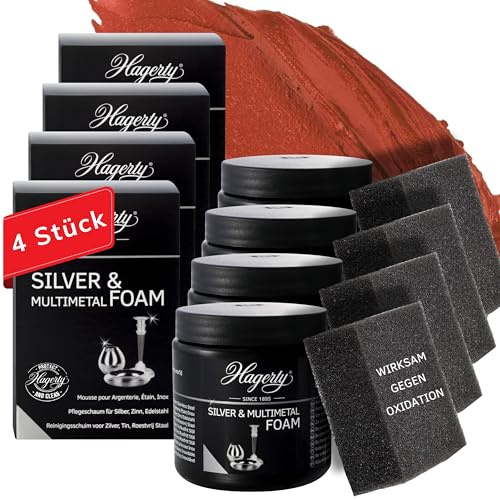 Hagerty 4x Silver & Multimetal Foam Schaumreiniger je 185g I Effektive Pflegepaste für Silber Metall Zinn Edelstahl Chrom I Putzmittel für erneuerten Glanz I inkl. Schwamm