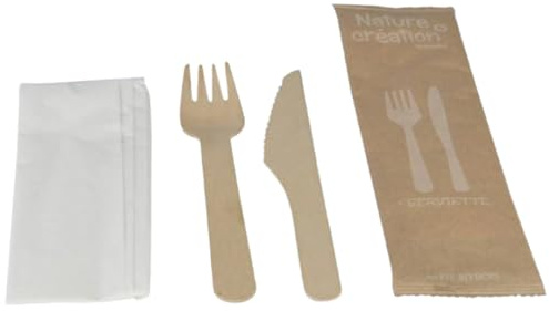 250 kits Couverts 3 en 1: Bois de Bouleau Naturel et Biodégradable - Fourchette, Couteau et Serviette