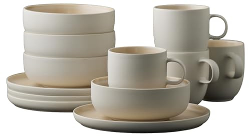Studio Round North Steingut Geschirr Set für Brunch/Frühstück Servier Set, Geschirrset 4 Personen,12 Teile, 4 x Teller, Schüsseln und Kaffeetassen aus Steinzeug, Sand