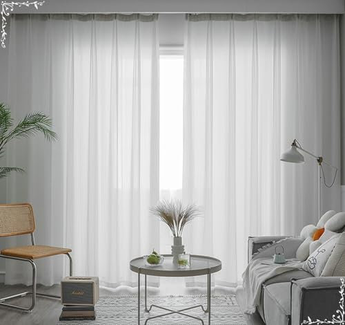 Vorhänge 2er Set mit Haken, Gardinen Küche Halbtransparent Einfarbig mit Streifen Motiv 107x147CM Gardinenschals Polyester Weiß, Lichtdurchlässige Schiebevorhänge Schlafzimmer Wohnzimmer Küche
