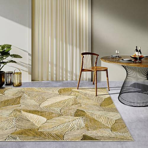 Villeroy & Boch Eugene In- & Outdoor Teppich Modern - Flachgewebe Aussenteppich, Palmen Blätter Design, ÖKO-TEX Wetterfest & UV-beständig für Balkon, Terrasse, Garten – Gold Schwarz, 200x285cm