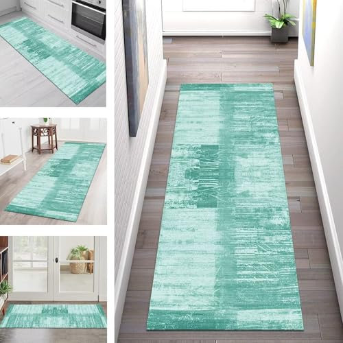 Teppich Läufer Lang Flur Küche Teppichläufer Rutschfest Waschbar Küchenläufer Teppichmatten Türkis Abstrakt Schmutzfangmatte 50X150CM Meterware Flurteppich Wohnzimmer Schlafzimmer Küchenteppich