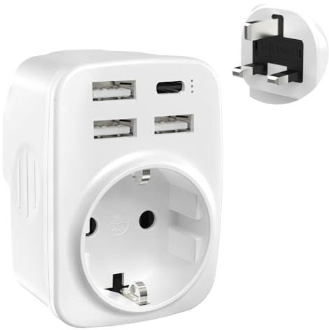 Reiseadapter UK Adapter England Deutschland Stecker, 5-in-1 Steckdosenadapter England mit 1 AC, 1USB-C+3USB-A(3.4A),Reiseadapter Typ G, UK Adapter für Irland, Malta, Malediven, Sri Lanka usw