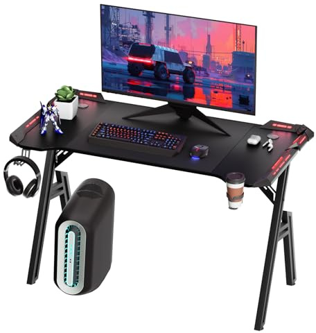 Kuro-sagol Bureau Gaming LED 120 x 60 cm, Table de Bureau Informatique Ergonomique en Fibre de Carbone, avec Porte Gobelet et Crochet pour Casque, Noir
