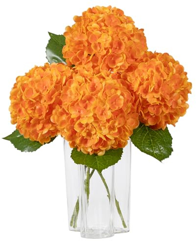 DuHouse Lot de 3 Grandes Fleurs d'hortensia artificielles en Latex au Toucher réaliste pour Bouquets de Maison, Mariage, centres de Table, fête, Salon (Orange)