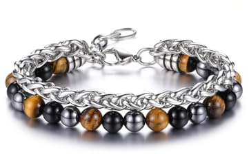 Zysta Pulsera de hombre triple protección de piedras naturales con cadena de acero inoxidable pulsera con cuentas ojo de tigre obsidiana hematita cadena eslabones 2 capas pulsera regalo novio papá