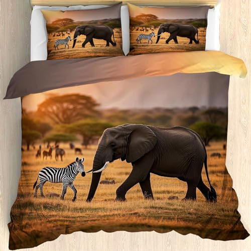 PolXmyxor King Duvet Cover Set Peaceful Elephant and Zebra Duo on Savannah, Animal Scene Bedding with 2 Pillow Shams – Soft Microfiber Wildlife Set