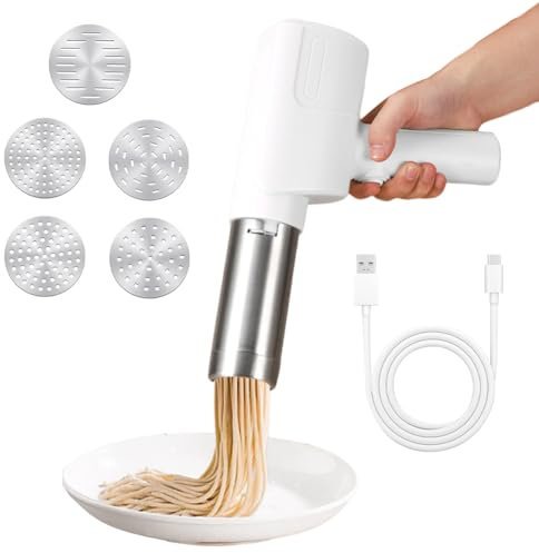Máquina de pasta eléctrica portátil, prensa recargable 2000 mAh, 5 moldes para fideos caseros
