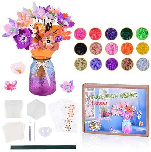 5029 Stück 5mm Bügelperlen Set 15 Farben 3D Blumenstrauß Bügelperlen Set DIY Blume Perlenset mit 2 Stiftplatten, 12 Motivvorlage usw Geburtstag Weihnachten Geschenk für Kinder, Vase nicht enthalten