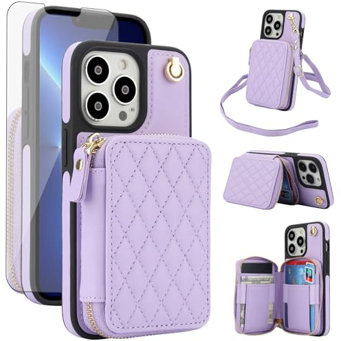 Asuwish Phone Case for iPhone 15 Pro 6.1 inch Wallet Cell Cover with Tempered Glass Screen Protector Wrist Crossbody Strap Stand RFID Blocking Credit Card Holder i Phone15 i15 15Pro Women Girls Purple