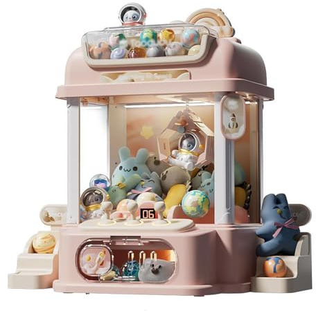 Machine Fete Foraine avec Télécommande ， Machine Attrape Bonbon avec 8 Planètes,2 Poupées Panda,25 Poupées,20 Gashapons pour Les Cadeaux De Noël ,Pink