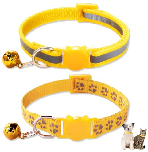 RVYEIOP 2 Collare Gatto, Collare Gatto antistrozzo Riflettente con Campanellino, per Evitare incidenti notturni (Giallo).