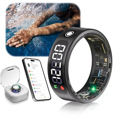IUHFSIFS 6 Gen Smart Ring mit LED Screen【5.3+EDR Technologie - 0,1%± Fehler】【5ATM Wasserdicht】 Smartring für Männer und Frauen zur Überwachung von Schlaf, Herzfrequenz, Schwarz 8#