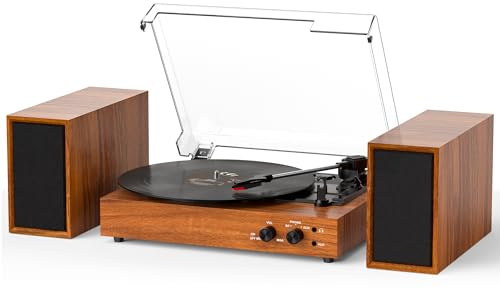 Vintage Vinyl Record Player with External Stereo Speakers, 3-Speed Belt-Drive Turntable with Bluetooth Input, USB to PC Recording, Auto Stop, RCA Out, AUX in, Headphone Jack – Home Decor Gift, Brown