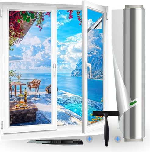 (44,5 x 200 cm, argenté), film de protection solaire, protection contre la chaleur, à effet miroir, sans résidus, protection contre la chaleur, autocollant, anti-UV