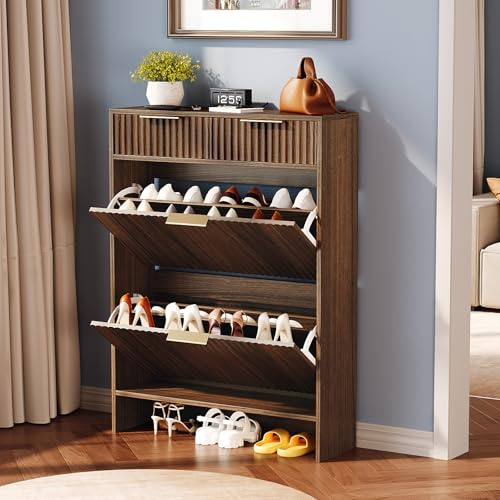 Bonnlo Grille Shoe Cabinet with 2 Flip Doors, Shoe Rack with 2 Drawers,3 Tier Slim Storage Organiser,Tilt-Out Cupboard for 16 Pairs for Hallway Entryway, 80×24×107.4cm (Walnut)
