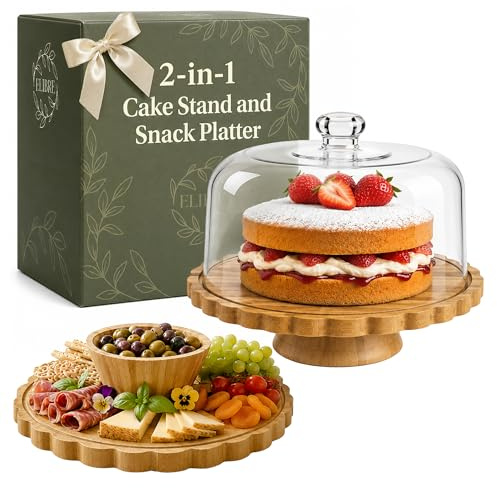 ELIBRE Cake Stand with Lid & Dome – 30cm Wooden Bamboo Cake Stand, Reversible Cake Plate & Serving Platter with Clear Acrylic Cover, Scalloped Edge