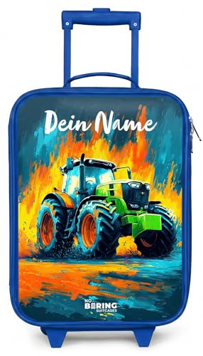 NoBoringSuitcases© Kinderkoffer Blau Klein Personalisiert mit Name | 48x31x19 cm - Rollkoffer Kleiner Kinder Koffer mit LED Rollen Kindertrolley Hartschalenkoffer für Kind Traktor - Grün