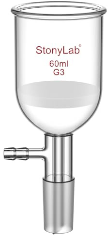 Vaso de borosilicato StonyLab Embudo de filtración Buchner con frita fina, diámetro del disco de 30 mm, profundidad de 90 mm, con junta interna cónica estándar 24/40 y tubulación dentada al vacío