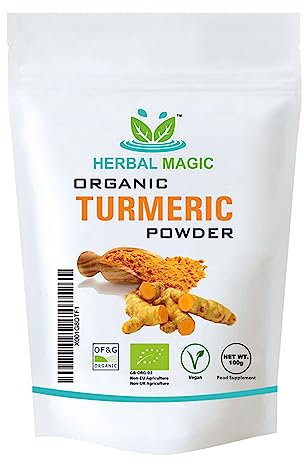 Herbal Magic's Organic Turmeric Powder (Curcuma Longa)- High Curcumin Strength- Vibrant Smoothies, Milk, Shakes, Soups, Baking - Free from Fillers & Preservatives-of&G UK Organic Certified-100g