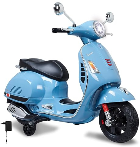 JAMARA 460347 - Ride-on Vespa 12V - leistungsstarker Antriebsmotor und Akku für Lange Fahrzeit, SD-Karten Slot, AUX- und USB-Anschluss, Ultra-Grip Gummiring am Rad, Stützräder, LED-Scheinwerfer, blau